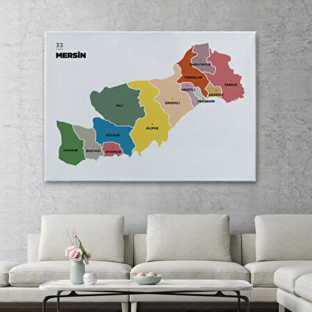 İl ve İlçeler Haritası Mersin, Modern Dekoratif Kanvas Tablo, Duvar Dekoru 1419