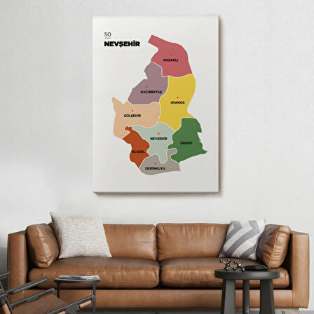 İl ve İlçeler Haritası Nevşehir, Modern Dekoratif Kanvas Tablo, Duvar Dekoru 1428