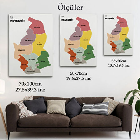 İl ve İlçeler Haritası Nevşehir, Modern Dekoratif Kanvas Tablo, Duvar Dekoru 1428