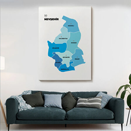 İl ve İlçeler Haritası Nevşehir, Modern Dekoratif Kanvas Tablo, Duvar Dekoru 1429