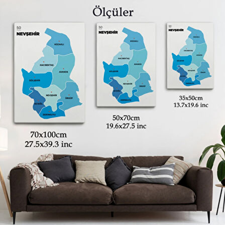 İl ve İlçeler Haritası Nevşehir, Modern Dekoratif Kanvas Tablo, Duvar Dekoru 1429