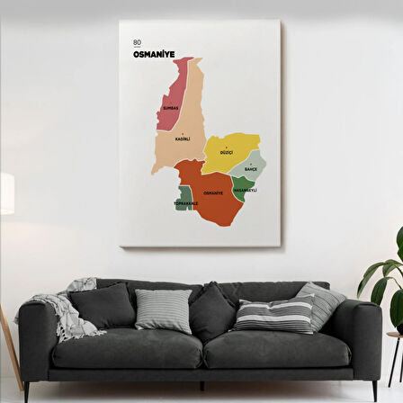 İl ve İlçeler Haritası Osmaniye, Modern Dekoratif Kanvas Tablo, Duvar Dekoru 1437