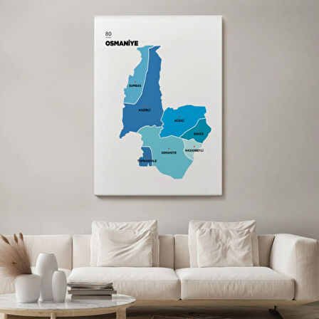 İl ve İlçeler Haritası Osmaniye, Modern Dekoratif Kanvas Tablo, Duvar Dekoru 1438