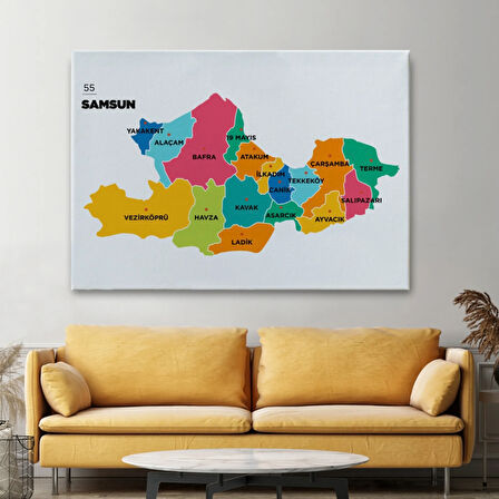 İl ve İlçeler Haritası Samsun, Modern Dekoratif Kanvas Tablo, Duvar Dekoru 1445