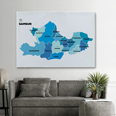İl ve İlçeler Haritası Samsun, Modern Dekoratif Kanvas Tablo, Duvar Dekoru 1447