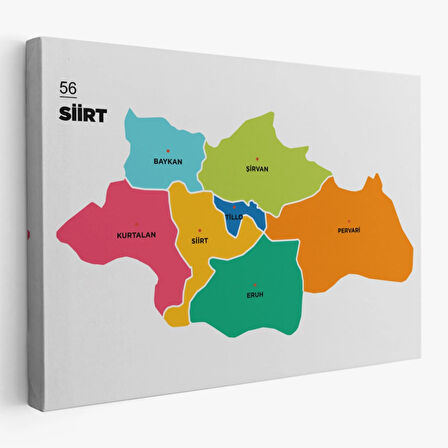 İl ve İlçeler Haritası Siirt, Modern Dekoratif Kanvas Tablo, Duvar Dekoru 1448