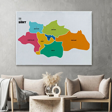 İl ve İlçeler Haritası Siirt, Modern Dekoratif Kanvas Tablo, Duvar Dekoru 1448