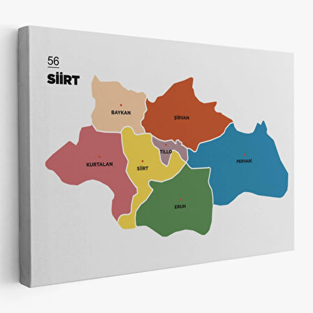 İl ve İlçeler Haritası Siirt, Modern Dekoratif Kanvas Tablo, Duvar Dekoru 1449