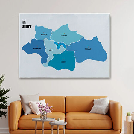 İl ve İlçeler Haritası Siirt, Modern Dekoratif Kanvas Tablo, Duvar Dekoru 1450