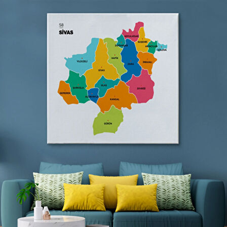 İl ve İlçeler Haritası Sivas, Modern Dekoratif Kanvas Tablo, Duvar Dekoru 1454