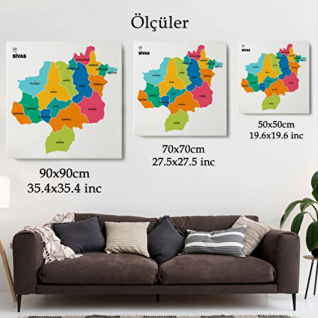 İl ve İlçeler Haritası Sivas, Modern Dekoratif Kanvas Tablo, Duvar Dekoru 1454