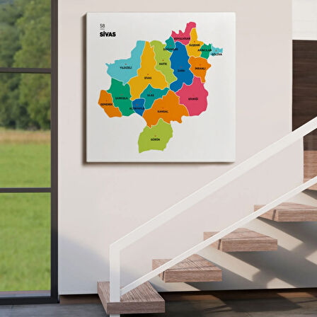 İl ve İlçeler Haritası Sivas, Modern Dekoratif Kanvas Tablo, Duvar Dekoru 1454