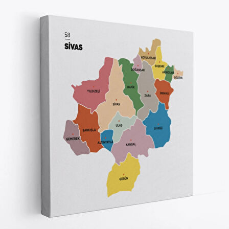 İl ve İlçeler Haritası Sivas, Modern Dekoratif Kanvas Tablo, Duvar Dekoru 1455