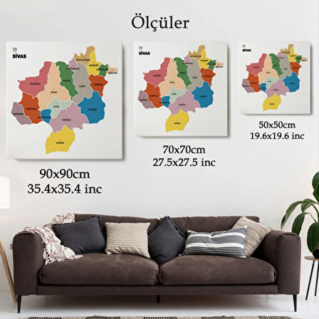 İl ve İlçeler Haritası Sivas, Modern Dekoratif Kanvas Tablo, Duvar Dekoru 1455