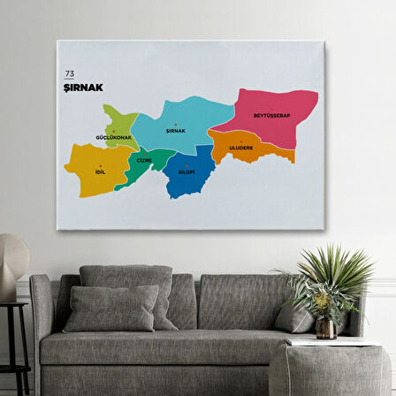 İl ve İlçeler Haritası Şırnak, Modern Dekoratif Kanvas Tablo, Duvar Dekoru 1460