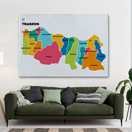 İl ve İlçeler Haritası Trabzon, Modern Dekoratif Kanvas Tablo, Duvar Dekoru 1469