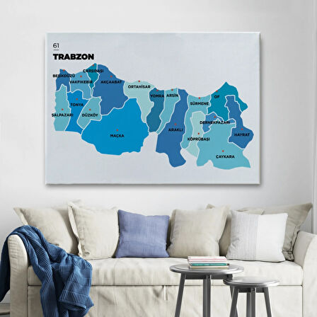 İl ve İlçeler Haritası Trabzon, Modern Dekoratif Kanvas Tablo, Duvar Dekoru 1471