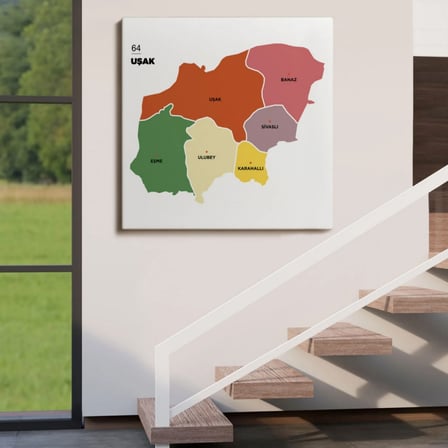 İl ve İlçeler Haritası Uşak, Modern Dekoratif Kanvas Tablo, Duvar Dekoru 1476
