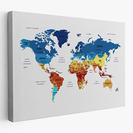 Ülke ve Başkentli Türkçe Dünya Haritası, Modern Dekoratif Kanvas Tablo, Duvar Dekoru 1492