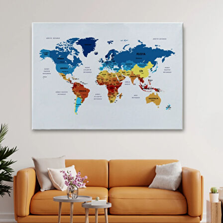 Ülke ve Başkentli Türkçe Dünya Haritası, Modern Dekoratif Kanvas Tablo, Duvar Dekoru 1492