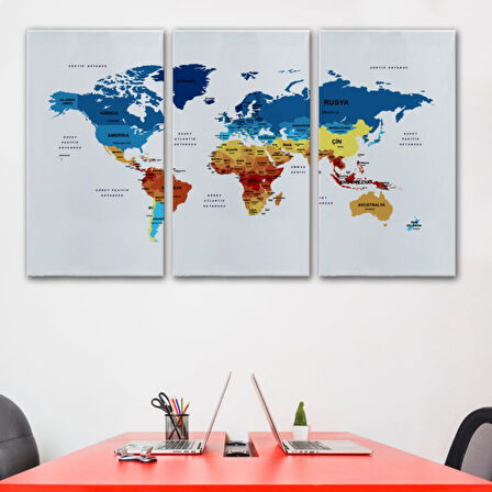 Ülke ve Başkentli Türkçe Dünya Haritası, Modern Dekoratif Kanvas Tablo, Duvar Dekoru 1492