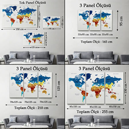 Ülke ve Başkentli Türkçe Dünya Haritası, Modern Dekoratif Kanvas Tablo, Duvar Dekoru 1492