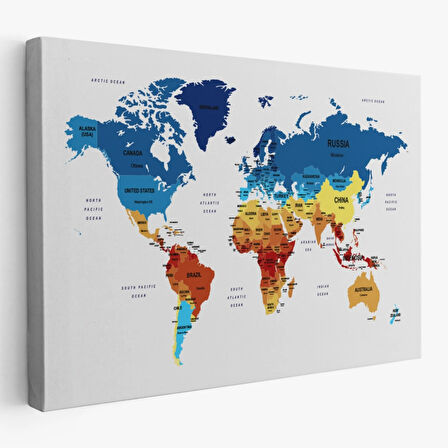 Ülke ve Başkentli Dünya Haritası, Modern Dekoratif Kanvas Tablo, Duvar Dekoru 1493