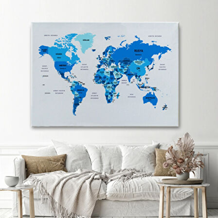 Ülke ve Başkentli Türkçe Dünya Haritası, Modern Dekoratif Kanvas Tablo, Duvar Dekoru 1500