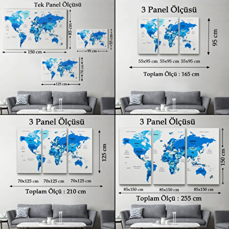 Ülke ve Başkentli Türkçe Dünya Haritası, Modern Dekoratif Kanvas Tablo, Duvar Dekoru 1500