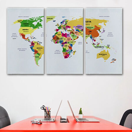 Ülke ve Başkentli Türkçe Dünya Haritası, Modern Dekoratif Kanvas Tablo, Duvar Dekoru 1512