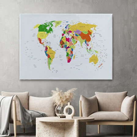 Ülke ve Başkentli Dünya Haritası, Modern Dekoratif Kanvas Tablo, Duvar Dekoru 1513