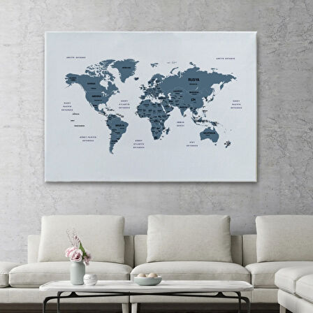 Ülke ve Başkentli Türkçe Dünya Haritası, Modern Dekoratif Kanvas Tablo, Duvar Dekoru 1514