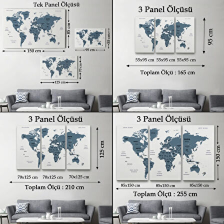 Ülke ve Başkentli Türkçe Dünya Haritası, Modern Dekoratif Kanvas Tablo, Duvar Dekoru 1514