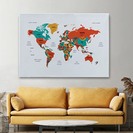 Ülke ve Başkentli Türkçe Dünya Haritası, Modern Dekoratif Kanvas Tablo, Duvar Dekoru 1516