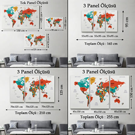 Ülke ve Başkentli Türkçe Dünya Haritası, Modern Dekoratif Kanvas Tablo, Duvar Dekoru 1516