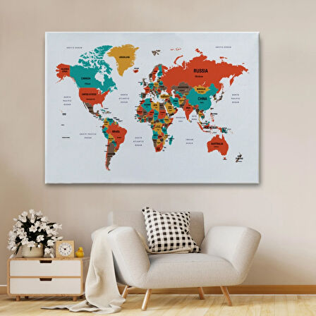 Ülke ve Başkentli Dünya Haritası, Modern Dekoratif Kanvas Tablo, Duvar Dekoru 1517