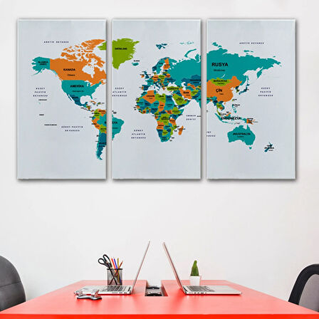 Ülke ve Başkentli Türkçe Dünya Haritası, Modern Dekoratif Kanvas Tablo, Duvar Dekoru 1530