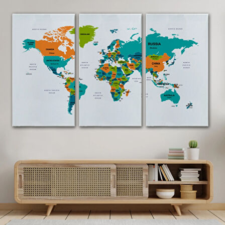 Ülke ve Başkentli Dünya Haritası, Modern Dekoratif Kanvas Tablo, Duvar Dekoru 1531