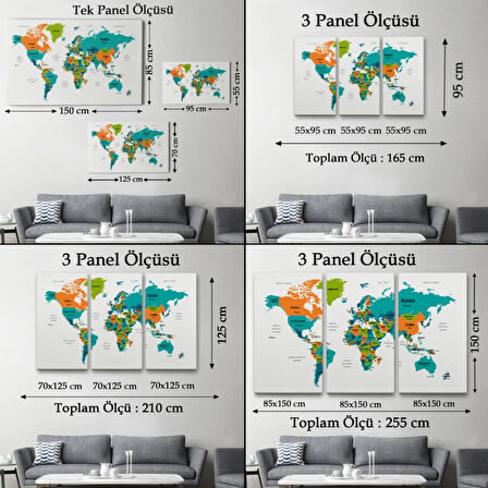 Ülke ve Başkentli Dünya Haritası, Modern Dekoratif Kanvas Tablo, Duvar Dekoru 1531