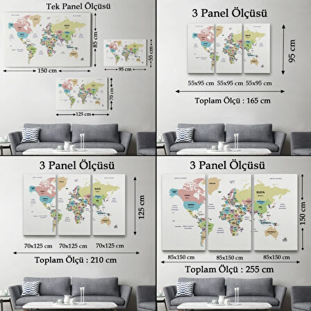Ülke ve Başkentli Türkçe Dünya Haritası, Modern Dekoratif Kanvas Tablo, Duvar Dekoru 1532