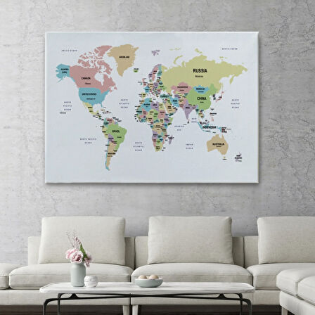 Ülke ve Başkentli İngilizce Dünya Haritası, Harita Dekoratif Kanvas Tablo, Duvar Dekoru 1533