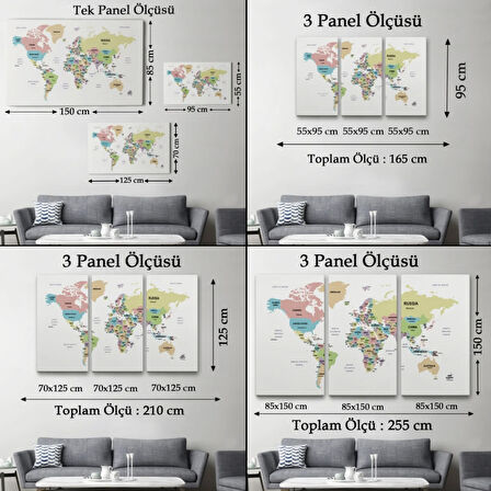 Ülke ve Başkentli İngilizce Dünya Haritası, Harita Dekoratif Kanvas Tablo, Duvar Dekoru 1533