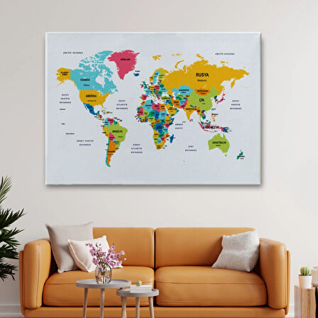 Ülke ve Başkentli Türkçe Dünya Haritası, Harita Dekoratif Kanvas Tablo, Duvar Dekoru 1542