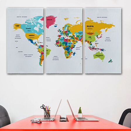 Ülke ve Başkentli Türkçe Dünya Haritası, Harita Dekoratif Kanvas Tablo, Duvar Dekoru 1542