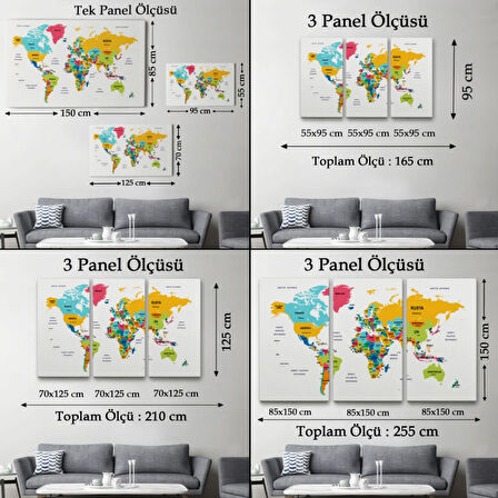 Ülke ve Başkentli Türkçe Dünya Haritası, Harita Dekoratif Kanvas Tablo, Duvar Dekoru 1542