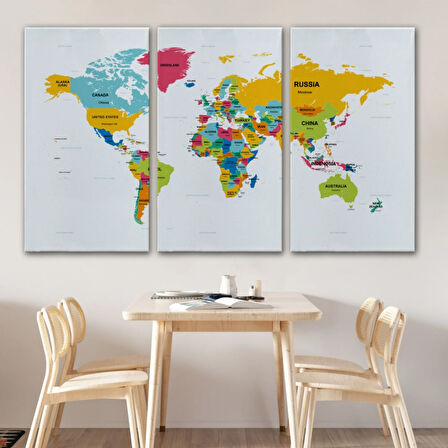 Ülke ve Başkentli İngilizce Dünya Haritası, Harita Dekoratif Kanvas Tablo, Duvar Dekoru 1543