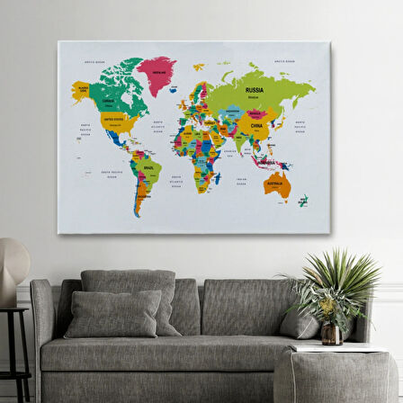 Ülke ve Başkentli İngilizce Dünya Haritası, Harita Dekoratif Kanvas Tablo, Duvar Dekoru 1545