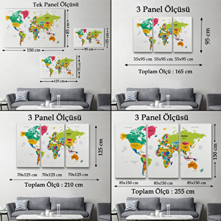 Ülke ve Başkentli İngilizce Dünya Haritası, Harita Dekoratif Kanvas Tablo, Duvar Dekoru 1545