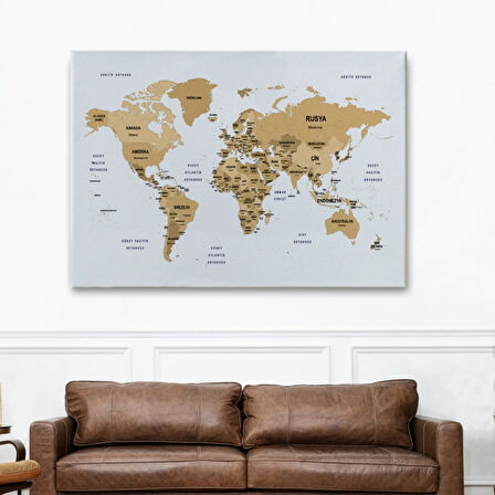 Ülke ve Başkentli Türkçe Dünya Haritası, Harita Dekoratif Kanvas Tablo, Duvar Dekoru 1548