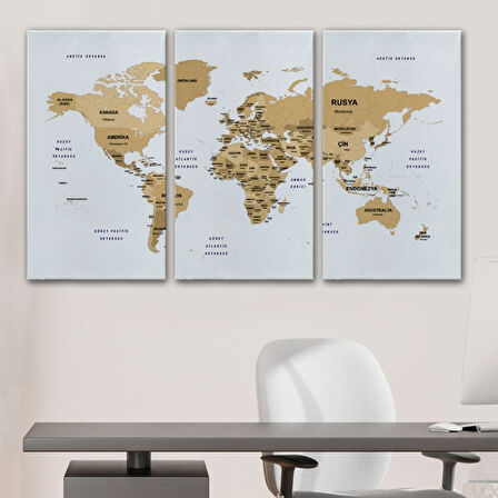 Ülke ve Başkentli Türkçe Dünya Haritası, Harita Dekoratif Kanvas Tablo, Duvar Dekoru 1548